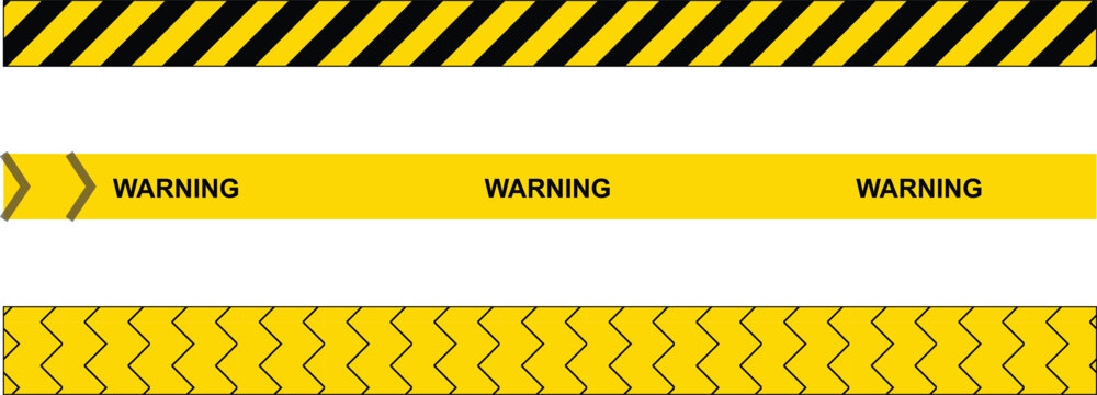 Industrial yellow warning tape set, black hazard stripe ribbons, caution safety borders for construction and danger zones, 3 vector elements