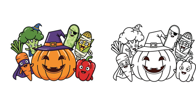 Halloween Vegetable Characters Vector Illustration and Coloring Book Page with Pumpkin Witch, Superhero Carrot, Mummy Corn and Broccoli Wizard