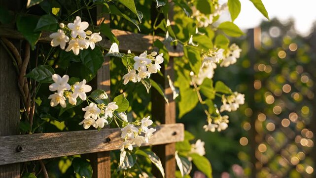 Delicate white flowers climb a weathered wooden trellis, illuminated by warm sunlight
