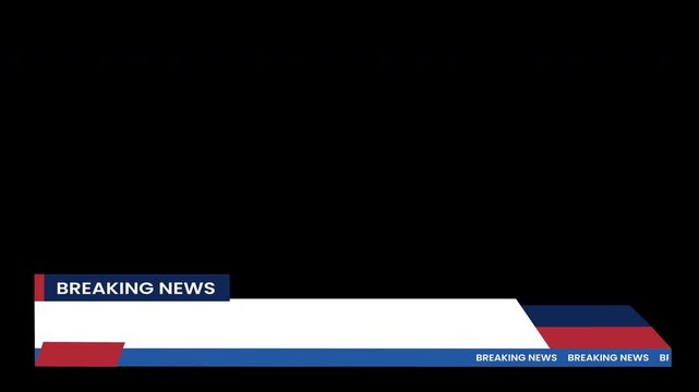 Lower third breaking news overlay with scrolling ticker on alpha channel background 4K resolution, seamless loop ideal for live broadcast and news videos.