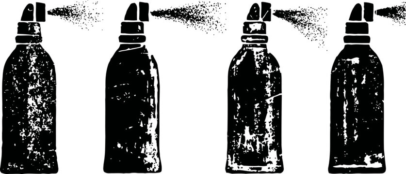 Four black silhouette spray paint cans with sprayed mist in different angles on white background