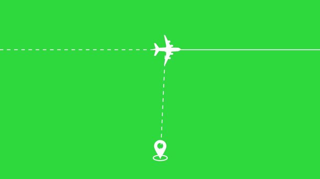 Minimalist airplane path from a location pin animation isolated green background