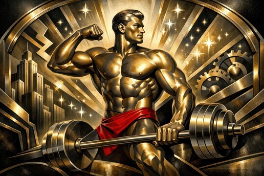 Art Deco strongman lifting weights.