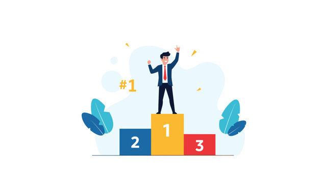 Successful businessman celebrating his victory while standing on the first place position of a winners podium with festive elements.