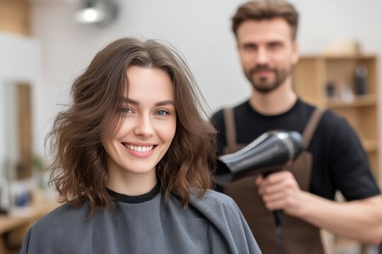 Stylish hair salon scene featuring a smiling woman with beautiful hair. The hairdresser stands behind her with a blow dryer. This image captures the essence of a friendly salon atmosphere. AI