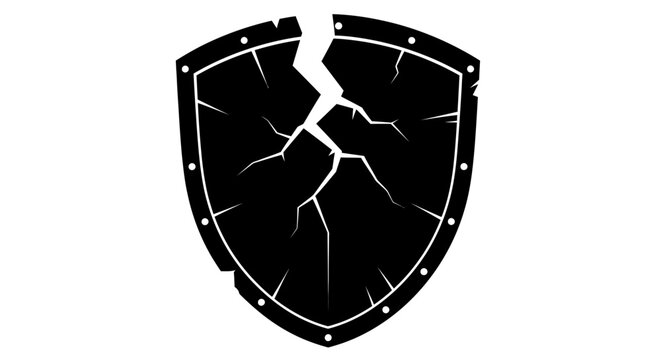 A cracked shield icon with white outline and rivets on a solid background displays damage and security breach concept.