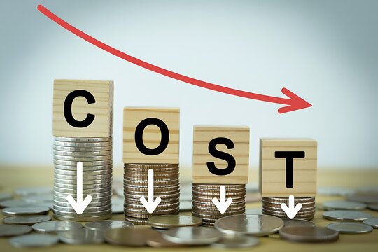 A creative concept showing the reduction of cost over time with coins and blocks
