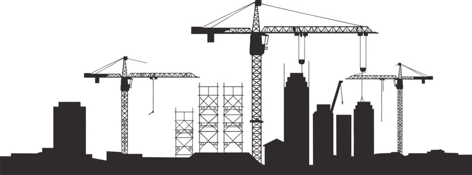 City construction skyline silhouette with cranes and buildings, urban development and engineering concept, industrial architecture under construction isolated on white background illustration