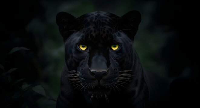 close-up of black panther with yellow eyes in darkness