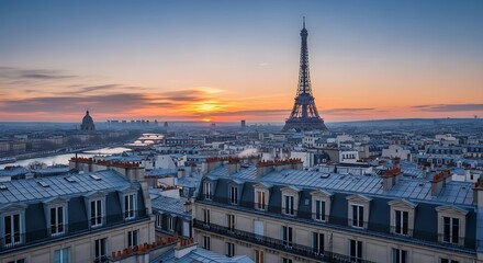 Naklejka premium Paris cityscape at sunset with Eiffel Tower and buildings.