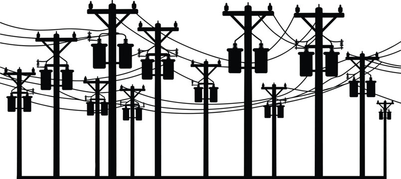 Electric utility poles and transformers silhouette with overhead power lines, industrial electricity distribution network concept, urban infrastructure illustration isolated on white background