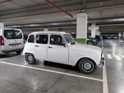 Palma de Mallorca, Spain &ndash; April 07, 2026: Iconic Renault 4L classic car parked in indoor parking garage. Compact engineering, historic European automobile, automotive design, vintage retro vehicle.