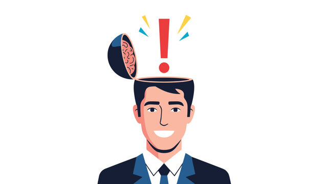 Smiling man in a suit with the top of his head open reveals a bright red exclamation mark symbolizing a sudden clever idea.