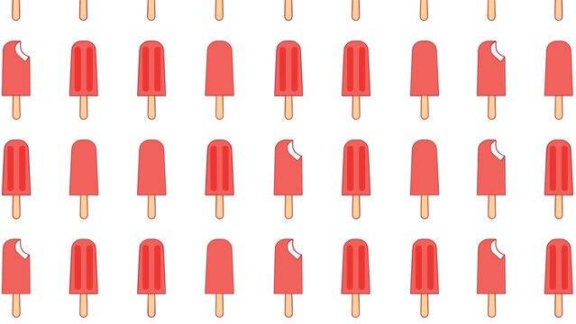 Repeating pattern of red fruit popsicles on wooden sticks against a white background with some showing a bite taken out of them.