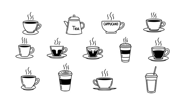 Minimal hot drinks doodle set coffee tea cup outline vector illustration