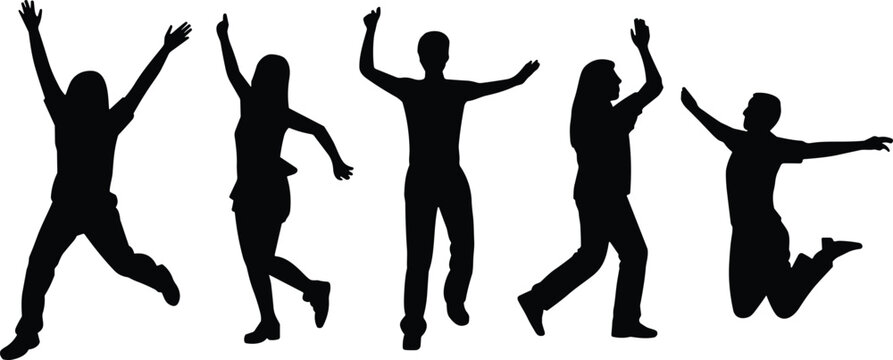 Silhouette of happy people jumping with raised hands, celebration and freedom concept, joyful group expressing excitement, success, party energy isolated on white background