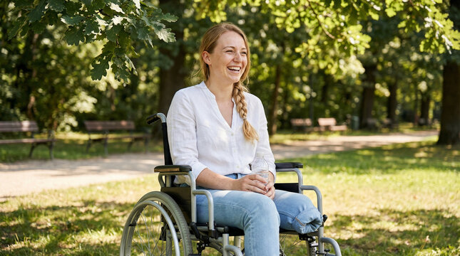Young beautiful amputee woman sitting in wheelchair at park. Medium shot of a young woman in a wheelchair laughing gently, looking to the side as if sharing a moment