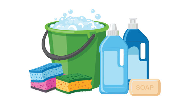 Essential cleaning supplies including a green bucket with soap bubbles, colorful sponges, liquid detergent bottles, and bar soap.