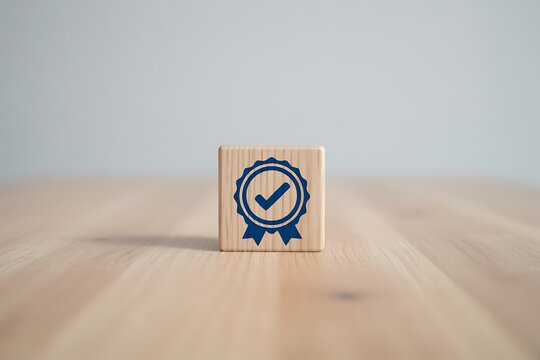 A wooden block with a blue checkmark and ribbon on a table