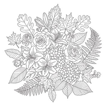 Detailed floral illustration of various flowers and leaves in a bouquet.