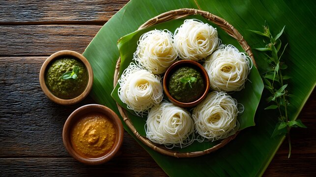 Top view of idiyappam arranged on banana leaf platter.
