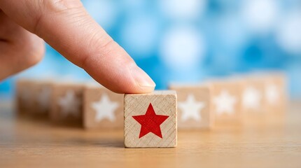 Hand Gesturing Towards Red Star Block Rating Scale Blue Contrast Lighting Minimalist Indoor Space gesture