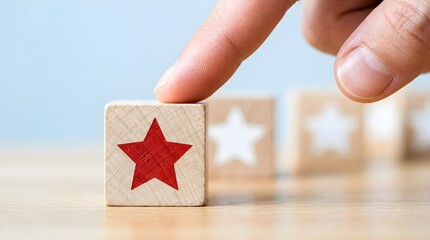 Hand Gesturing Toward Red Star Block on Rating Scale Against Light Blue Contrast Background with Minimalist Lighting gesture