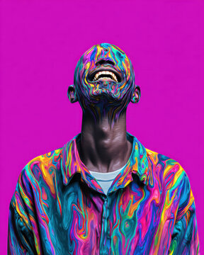 Surreal portrait of person with psychedelic flowing colors across face and clothing, vibrant abstract expression with liquid pattern textures, bold concept of identity, emotion and creativity