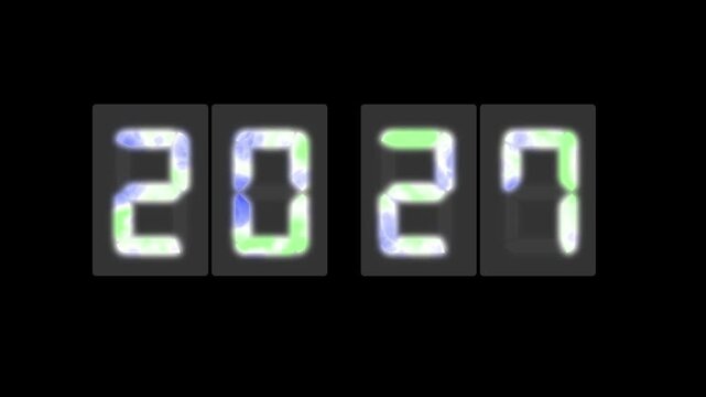 Digital LED number display showing 2027 in a realistic seven-segment style on background. Perfect for New Year themes, UI/UX design, and sci-fi visuals concept or innovation themes.
