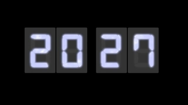 Digital LED number display showing 2027 in a realistic seven-segment style on background. Perfect for New Year themes, UI/UX design, and sci-fi visuals concept or innovation themes.