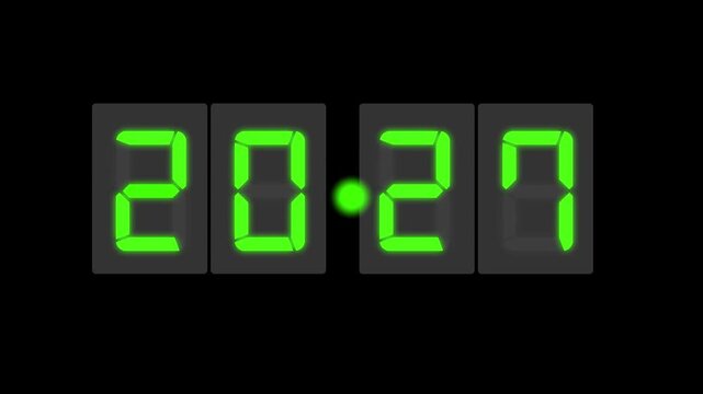 Digital LED number display showing 2027 in a realistic seven-segment style on background. Perfect for New Year themes, UI/UX design, and sci-fi visuals concept or innovation themes.