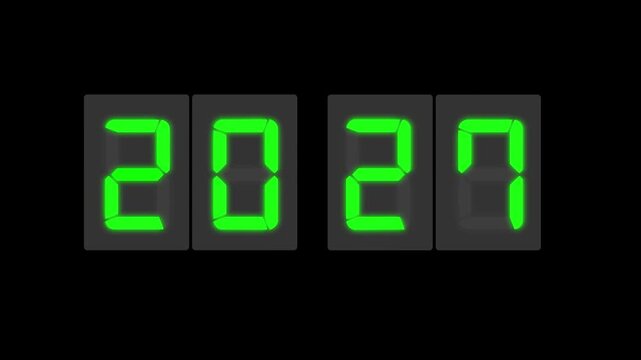 Digital LED number display showing 2027 in a realistic seven-segment style on background. Perfect for New Year themes, UI/UX design, and sci-fi visuals concept or innovation themes.