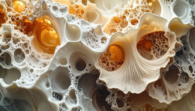 Abstract organic textured surface with layered, bulbous forms and various sized holes
