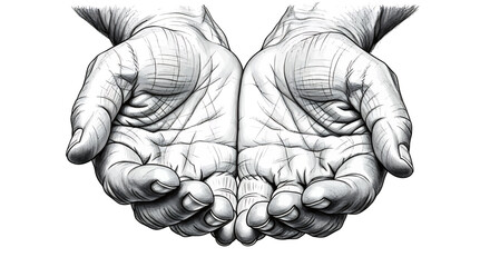 Open cupped hands, palms up, reaching out in a gesture of offering or receiving, monochrome sketch vector illustration © Mamun