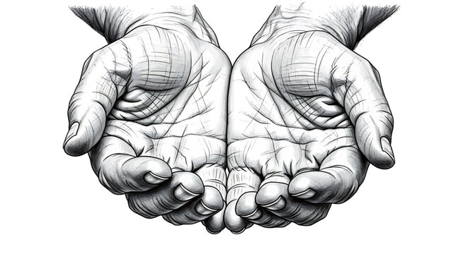 Open cupped hands, palms up, reaching out in a gesture of offering or receiving, monochrome sketch vector illustration
