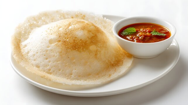 Single appam served on white plate with curry side.