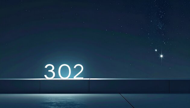 Illuminated numbers "302" glow against a night sky with stars, reflected on a surface
