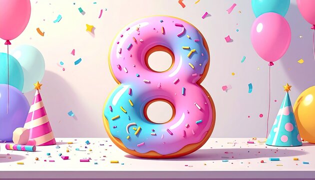 Colorful number eight donut with balloons and party hats in festive setting