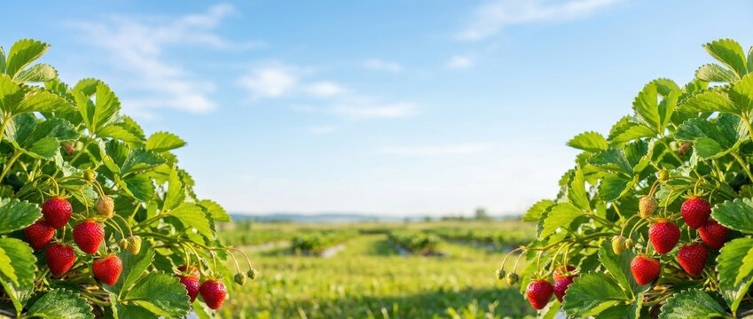 panoramic view of strawberry bushes with red berries framing open sky and fields with planting beds.for banners, advertising related to fruit markets, gardening products, or spring seasonal campaigns