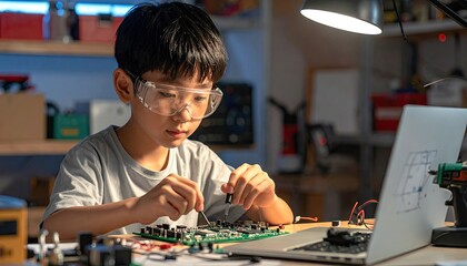 Fototapeta premium Young boy assembling electronics at home workshop under lamp light