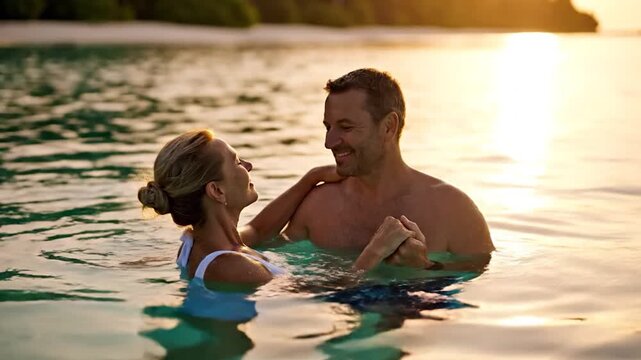 Loving mature couple embracing and holding hands in a swimming pool, smiling at each other affectionately during a tropical sunset.