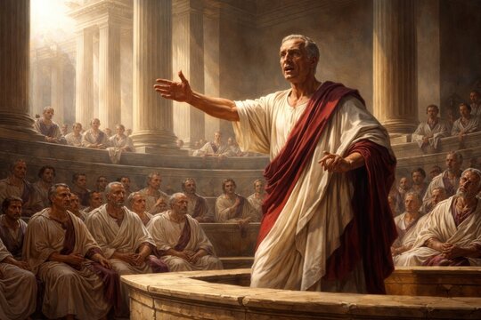 Ancient Roman senator delivering speech.