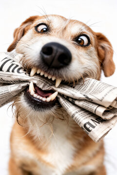 Schielender Hund mit Zeitung im Maul