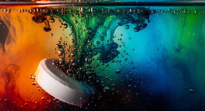 Effervescent Tablet Dissolving in Colorful Water Creating Abstract Art.