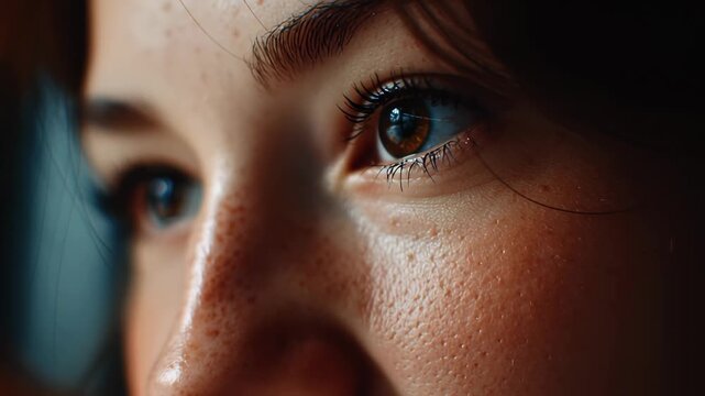 Close-up of a young woman's face, eyes closed in calm repose. Warm light highlights her freckled skin and soft lashes. Stillness suggests peaceful sleep or quiet reflection