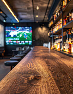 Empty wooden counter in sports bar with blurred soccer match on TV screens and copy space for product display