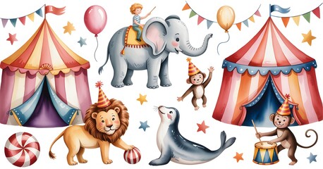 Naklejka premium Circus themed watercolor set with tents elephant lion seal and monkeys on a white background