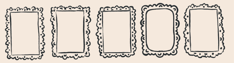 Drawn whimsical lace frames and doilies decorations. Chalk scallop wavy border set. Wedding ink invitations. Rectangular with elegant curves boast vintage intricacy © Nastya