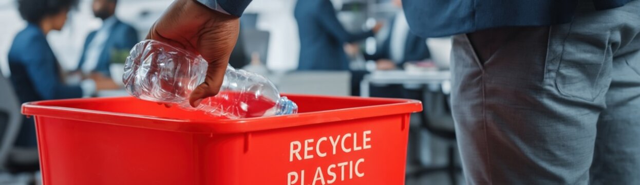 Person placing crushed plastic bottle into red recycle bin near office