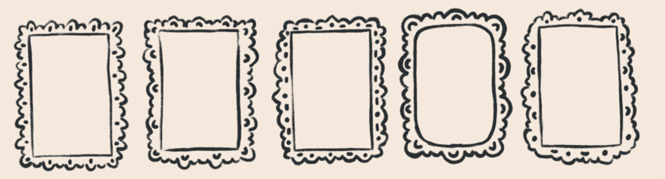 Drawn whimsical lace frames and doilies decorations. Chalk scallop wavy border set. Wedding ink invitations. Rectangular with elegant curves boast vintage intricacy